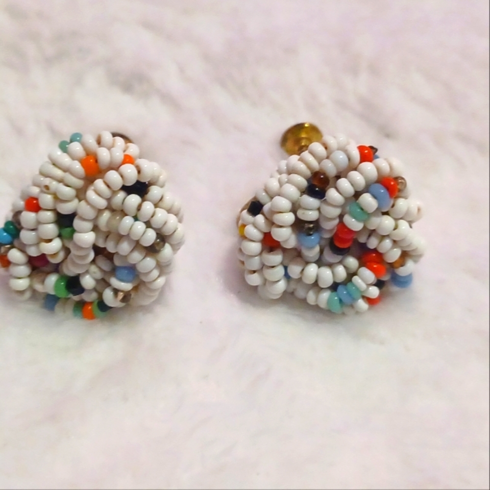 Colorful Beaded Screw Back Clip On Earrings